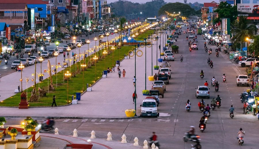 Stung Treng city promenade lit up in the evening