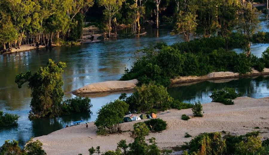 Aerial view of green river islands on the Mekong near Stung Treng